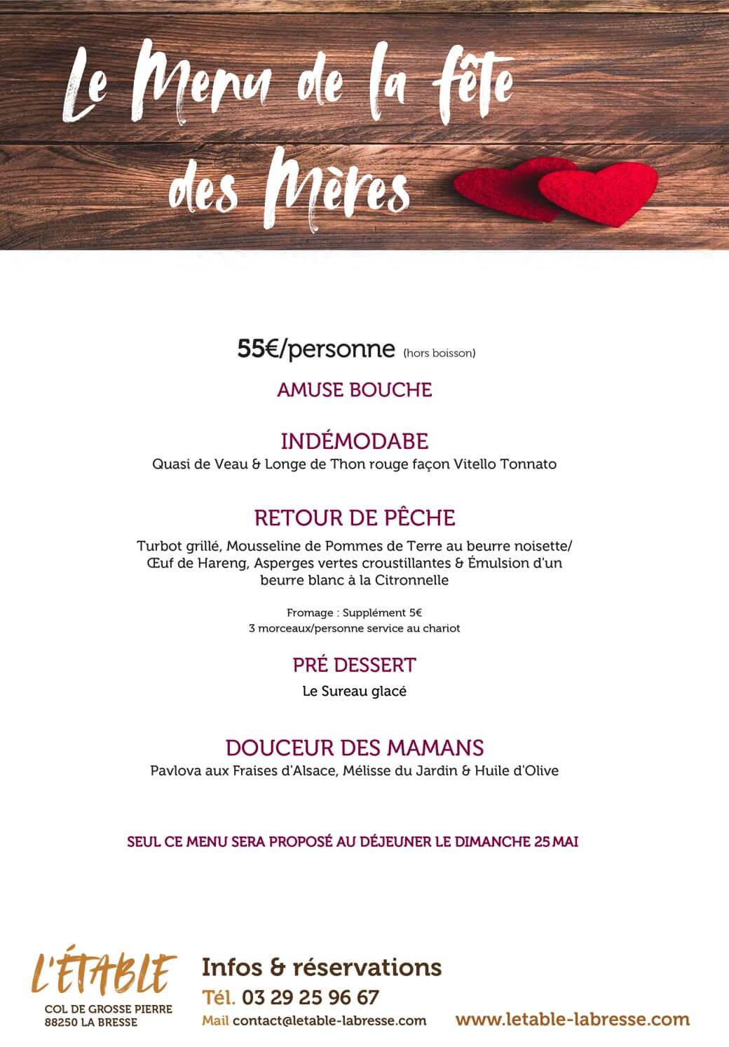 Menu de la Fête des Mères au Restaurant L'Etable à la Bresse